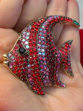 Rhinestone Tropical Fish Brooch Red Statement Pin – 2.25 inches
